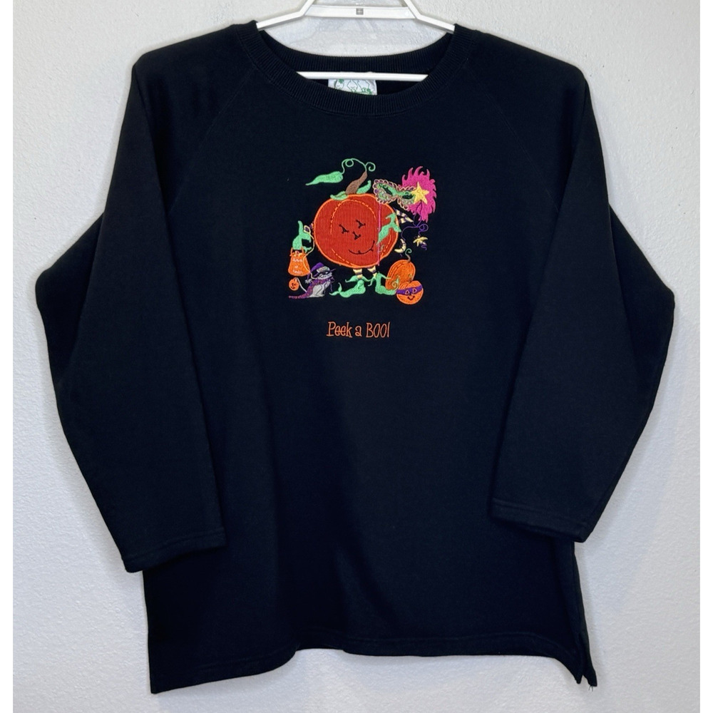 Quakcer Factory Halloween Sweatshirt Womens Size 1X Black "Peek A Boo" Pumpkin‎